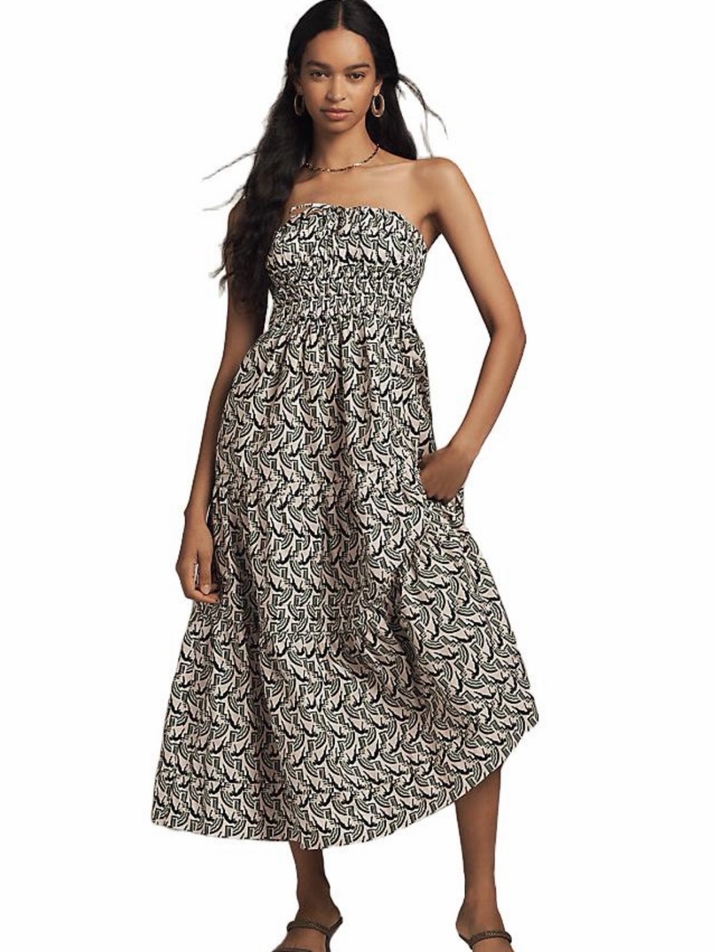 Anthropologie Cream with black and green motifs Strapless Smocked Midi Dress